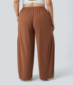 Pantalon Large Casual Taille Mi-Haute Taille Élastique Cordon Poches Latérales Ourlet Flottant Grande Taille