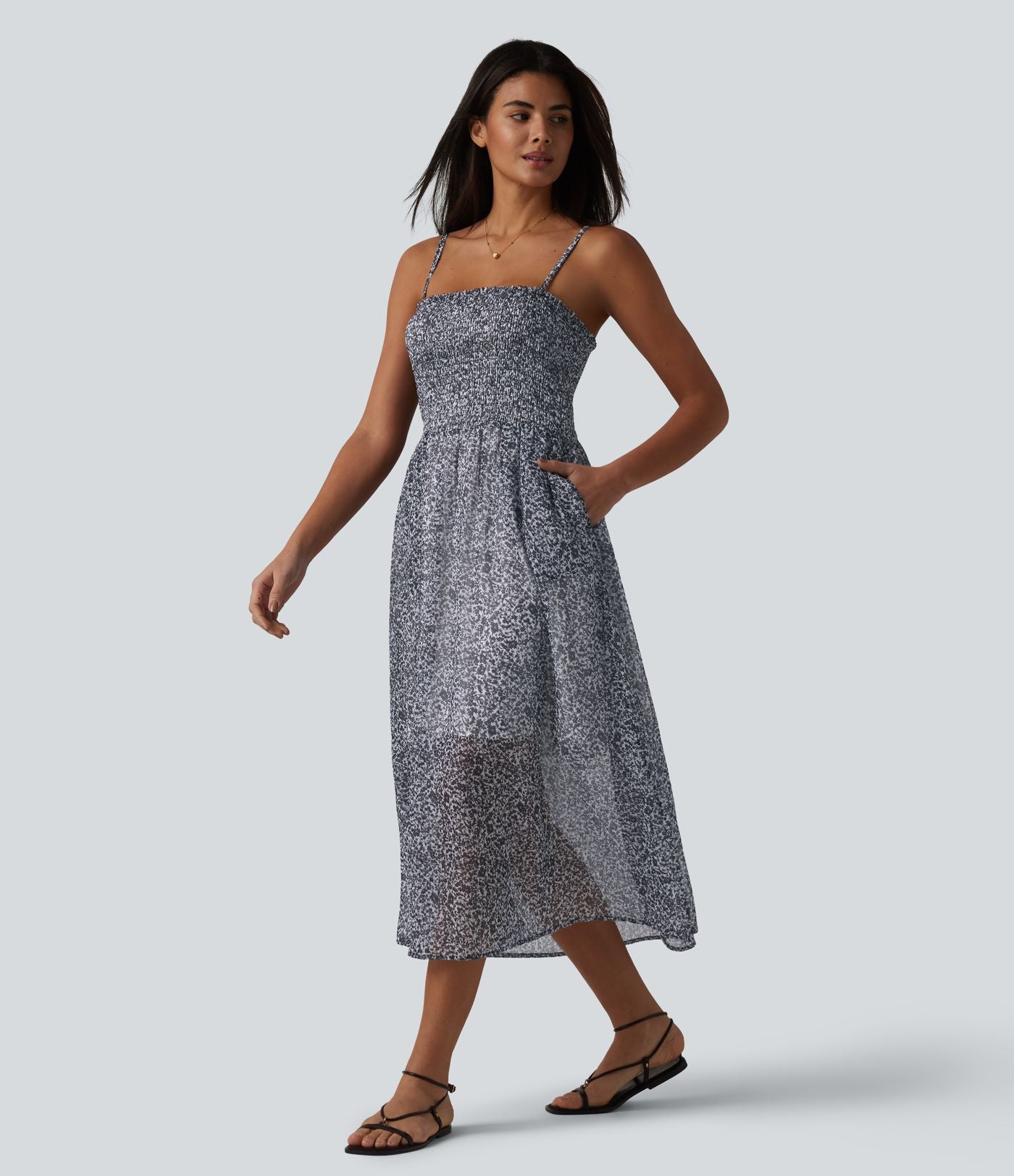 Robe nuisette midi casual fluide en mousseline à imprimé floral, fronces et bretelles réglables avec poches