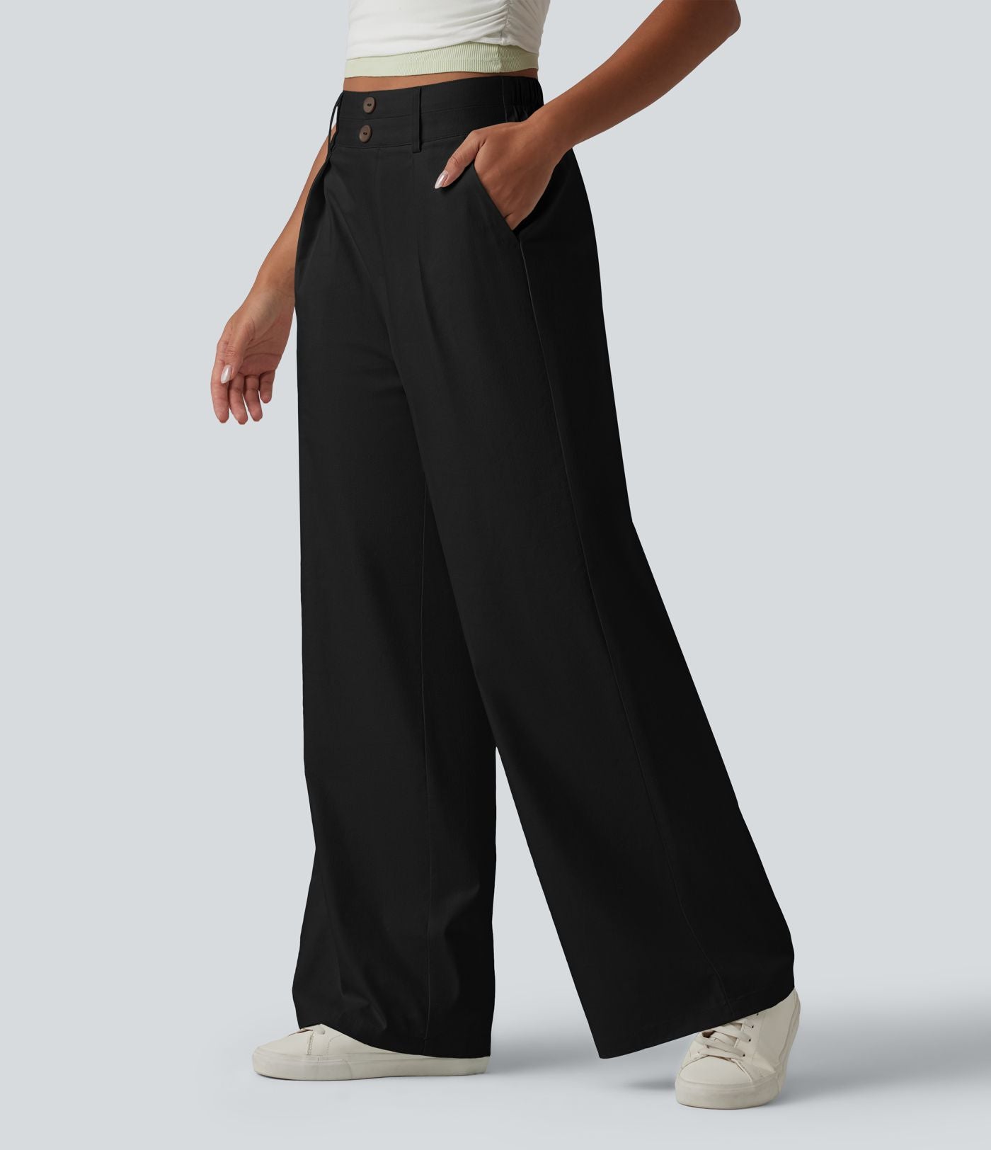 Pantalon large fluide casual en coton et lin taille haute avec poches