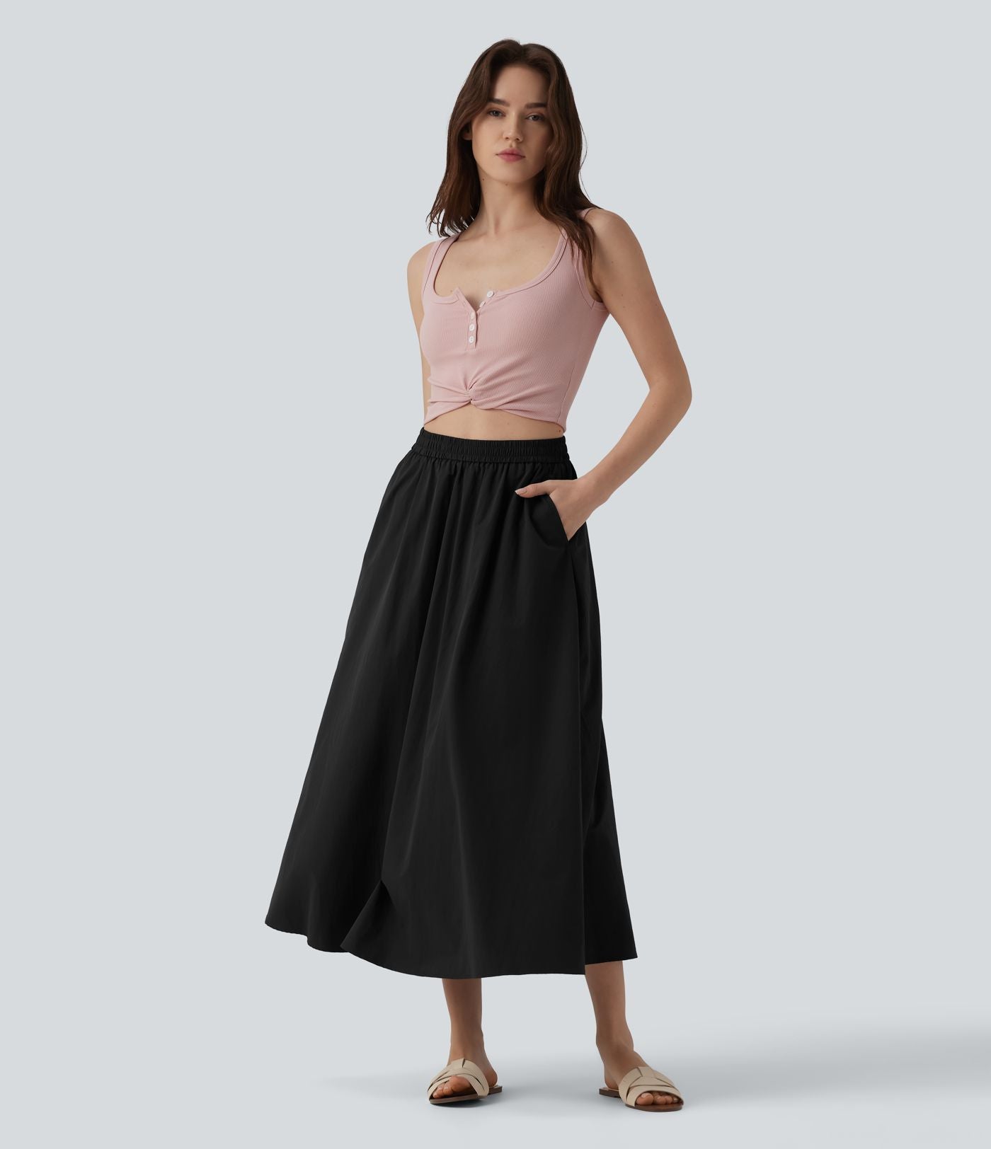 Jupe décontractée midi évasée taille haute avec poches