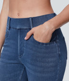 HalaraMagic™ Jean 7/8 Travail en Tricot Extensible Lavé à Jambes Droites et Poches Multiples à Taille Mi-Haute