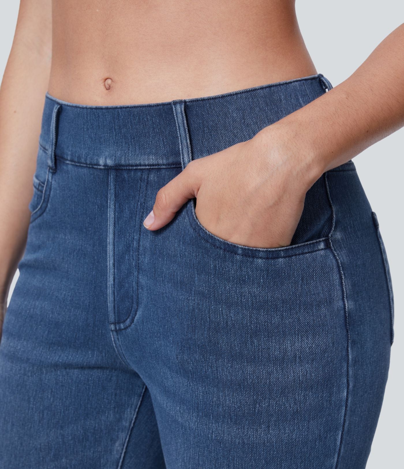 HalaraMagic™ Jean 7/8 Travail en Tricot Extensible Lavé à Jambes Droites et Poches Multiples à Taille Mi-Haute