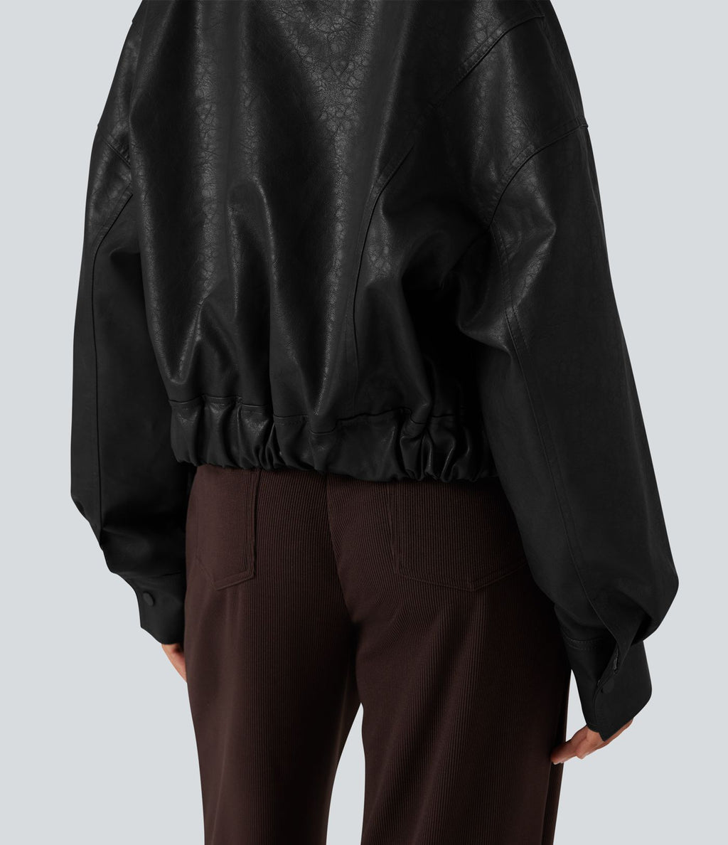 Veste décontractée en tissu enduit à fermeture éclair et manches longues avec poches
