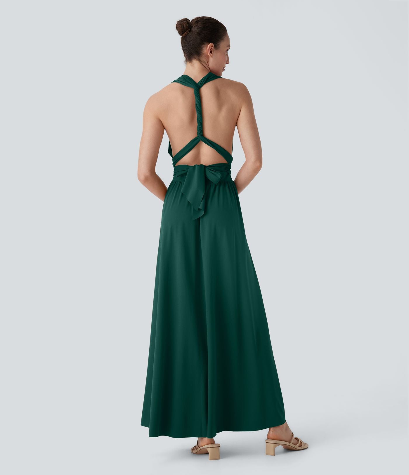 Robe longue de soirée col V, manches courtes, dos croisé à nouer, fendue avec poche latérale