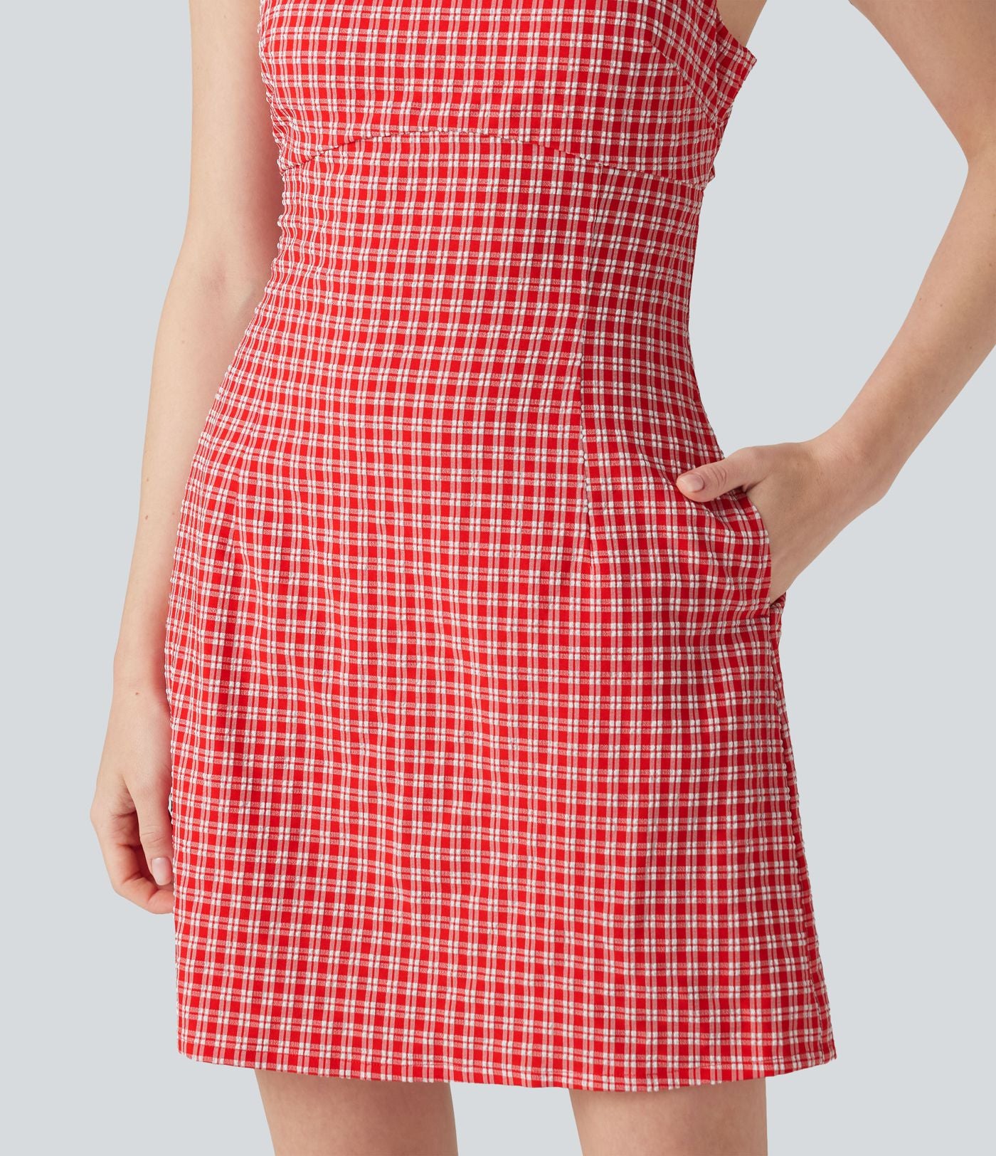 Robe mini vichy à col carré avec lien à nouer au dos et poches