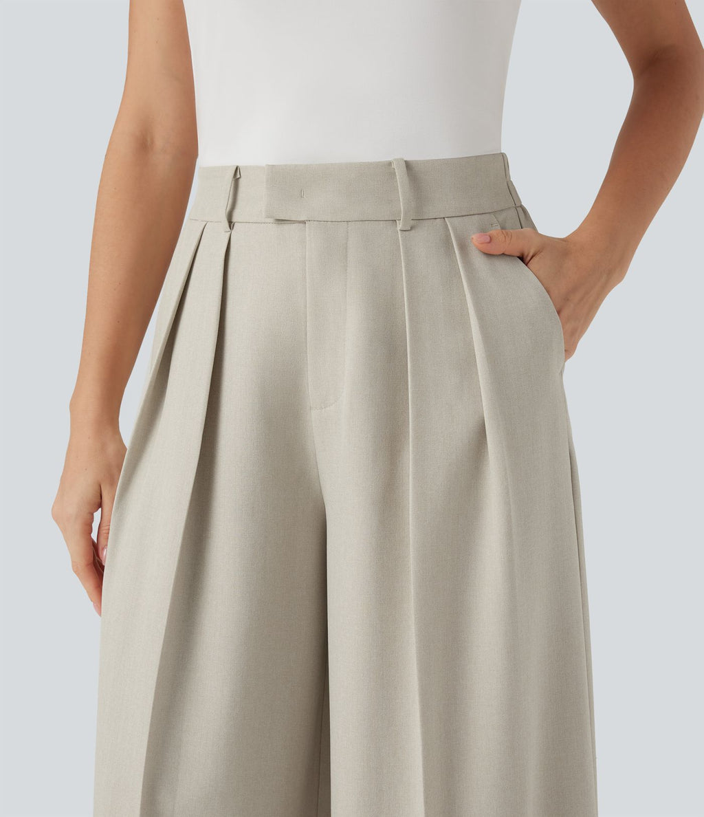 Pantalon tailleur anti-froissement aspect lin taille haute jambe large avec poches