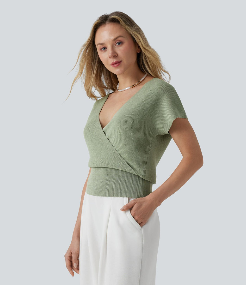 Pull décontracté col V croisé à manches courtes