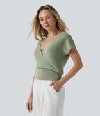 Pull décontracté col V croisé à manches courtes