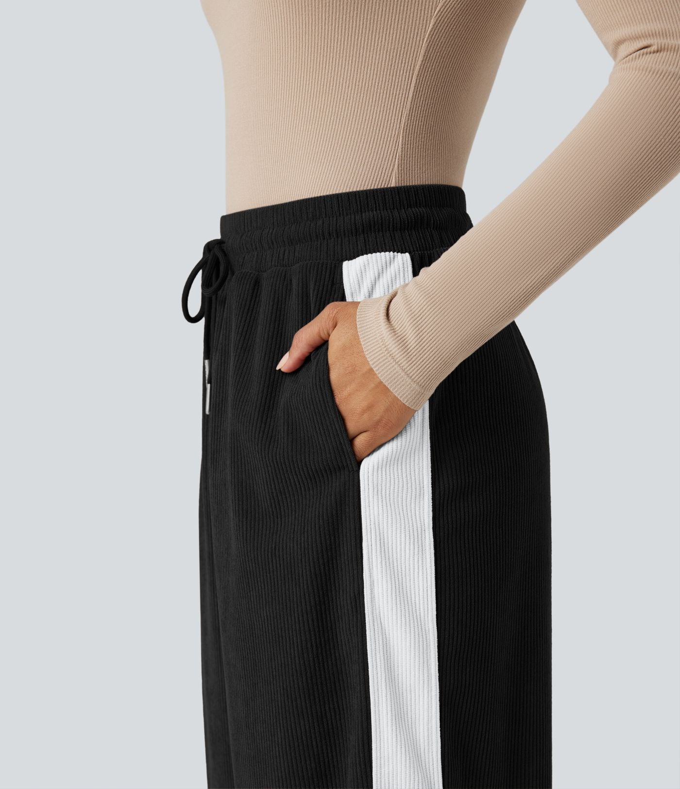 Pantalon jogging décontracté droit colorblock en velours côtelé, taille haute, avec cordon et poches