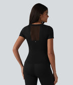 Haut de sport yoga SoftlyZero™ Airy col rond manches courtes mesh contrastant effet frais InstantCool, protection solaire UPF50+