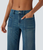 Jean bootcut délavé Halara Flex™ taille basse à poches multiples et fermeture zippée