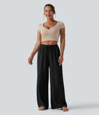 Pantalon large décontracté taille mi-haute avec cordon de serrage aspect lin avec poches