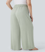 Pantalon décontracté grande taille large fluide taille haute effet lin avec cordon de serrage et poches