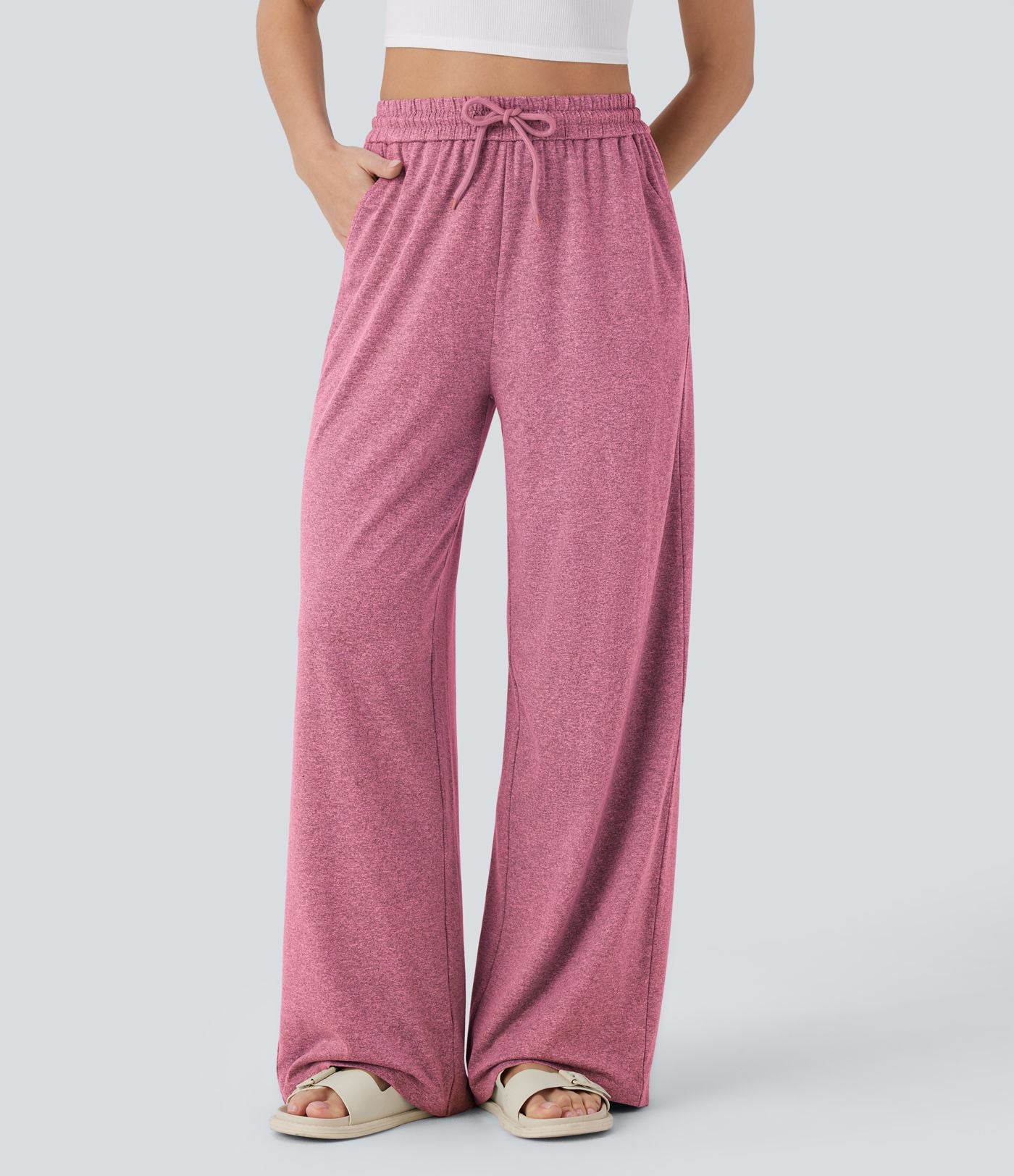 Pantalon large décontracté taille haute avec cordon de serrage et poches latérales
