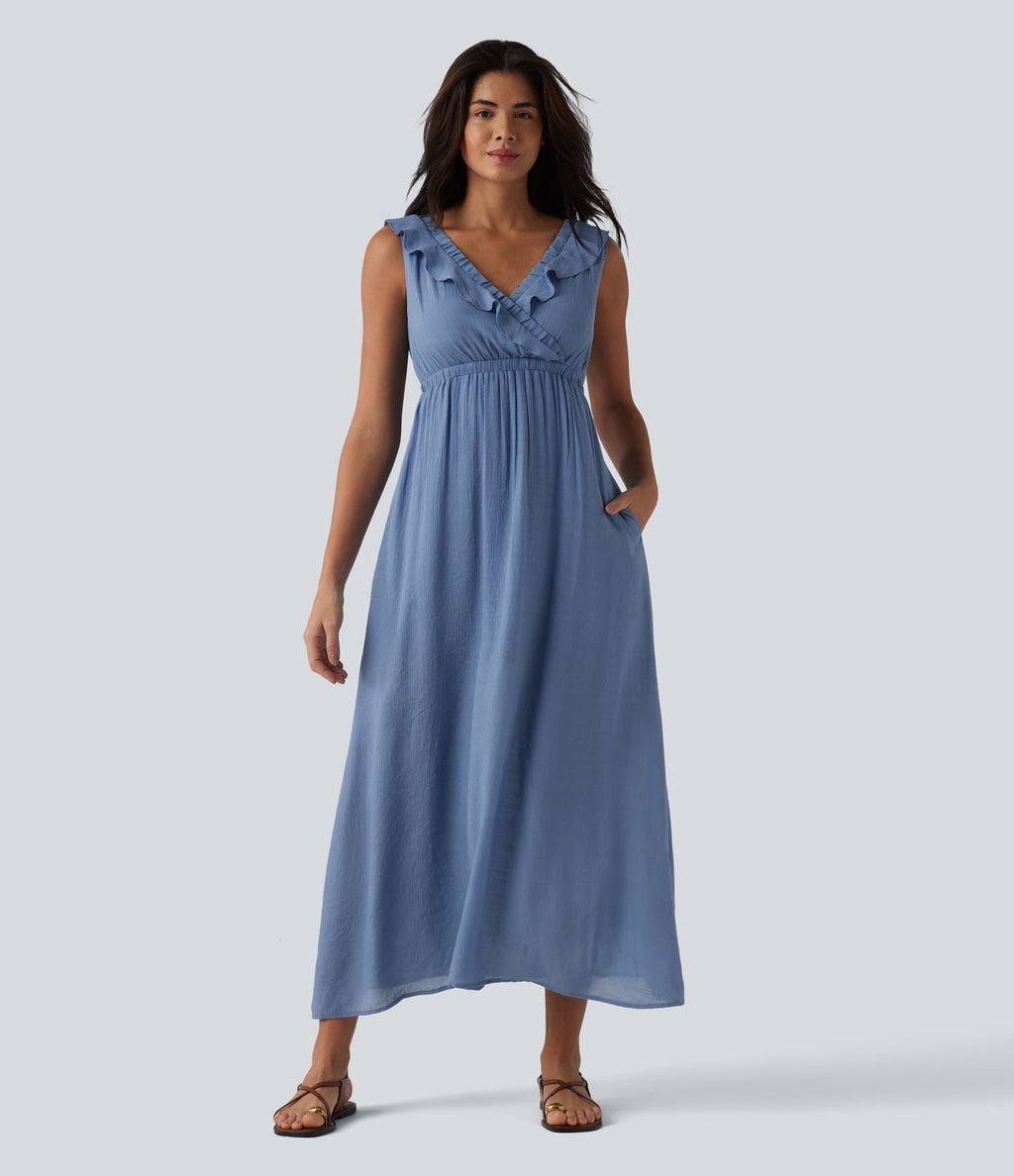 Robe fluide midi vacances col V sans manches dos nu à nouer volants avec poches