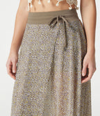 Jupe midi évasée fluide 2-en-1 taille haute imprimé léopard, cordon de serrage et empiècements en maille contrastée, avec poches