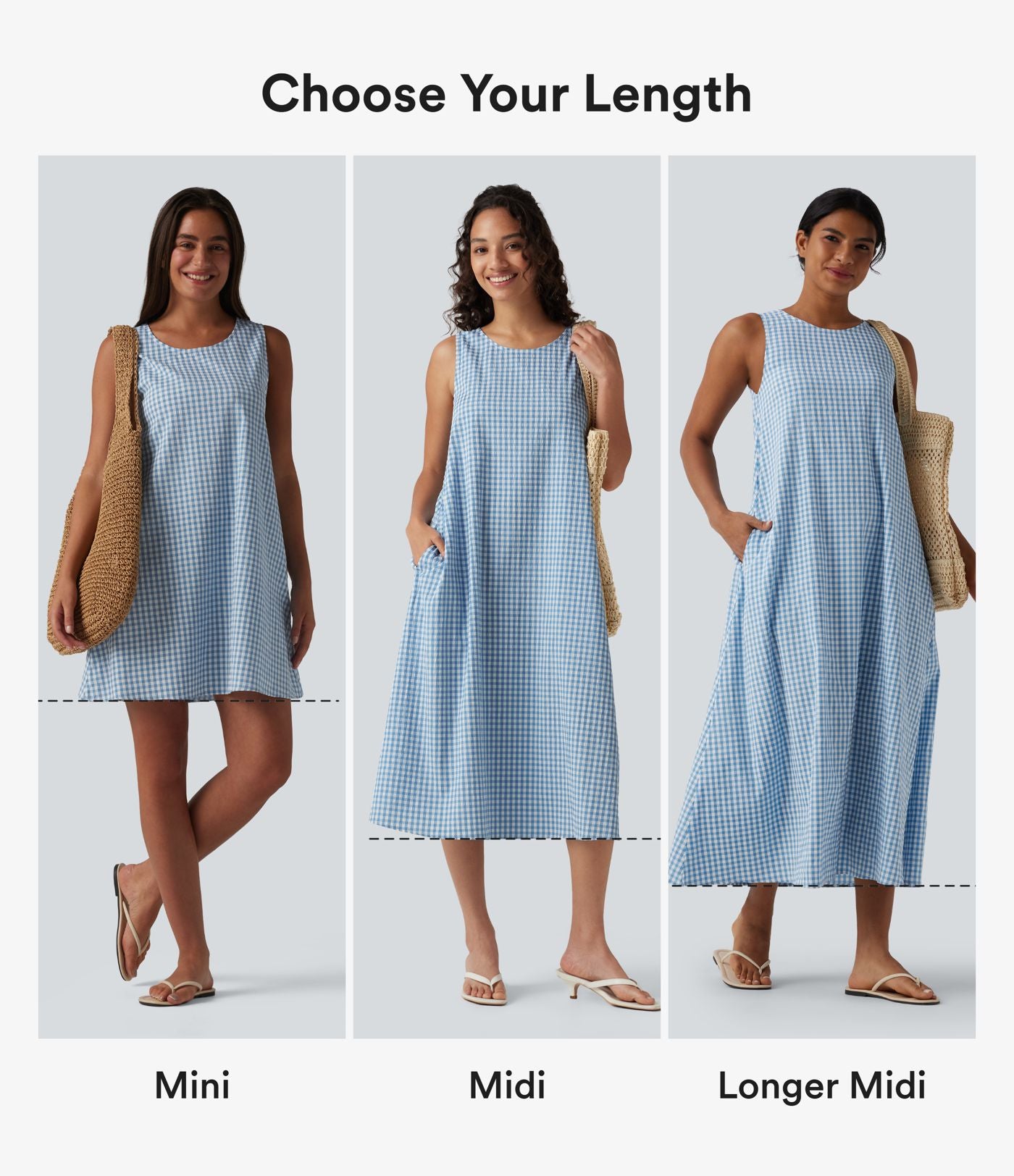 Robe débardeur midi décontractée en vichy froissé, col rond, sans manches, à poches