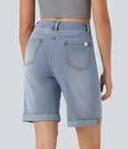 Bermuda décontracté en jean extensible délavé Halara Flex™ taille haute avec revers et multiples poches