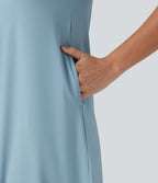 Robe midi décontractée à col rond, manches courtes et poches