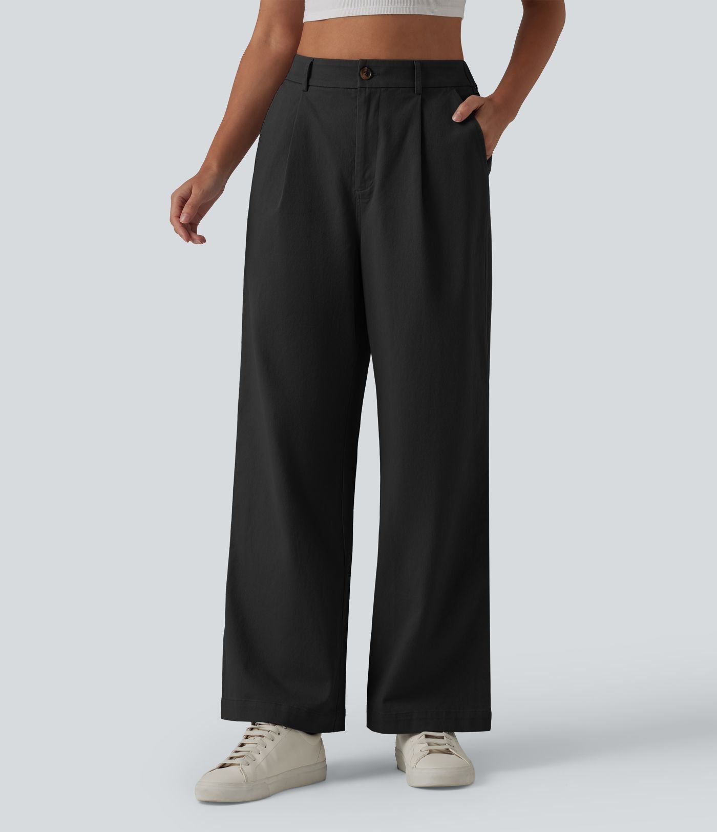 Pantalon chino tailleur en coton, taille haute, coupe droite et poches