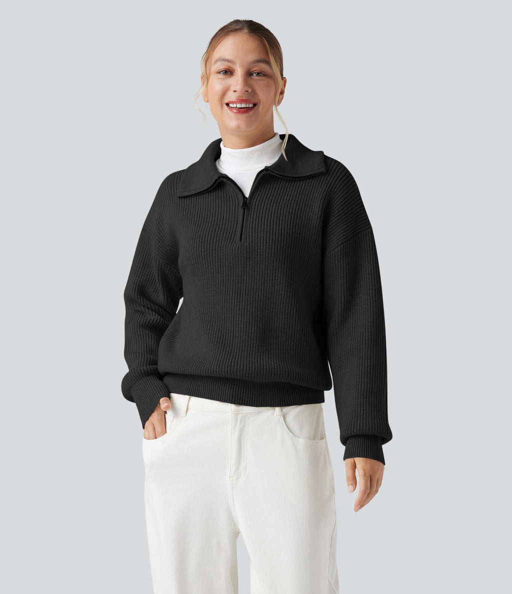 Pull décontracté à col montant et demi-zip à manches longues