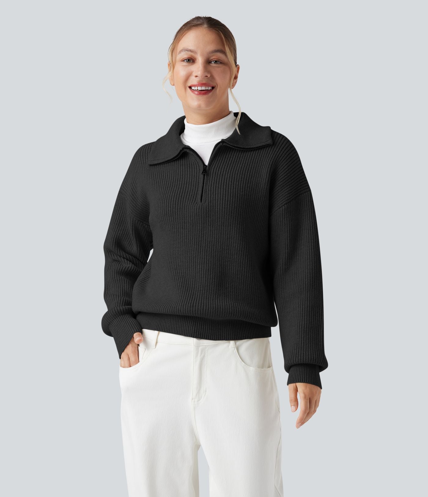 Pull décontracté à col montant et demi-zip à manches longues