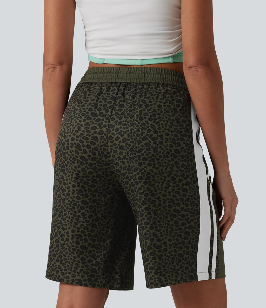 Short ample décontracté à taille mi-haute, cordon de serrage, rayures contrastées léopard, 25 cm, avec poches
