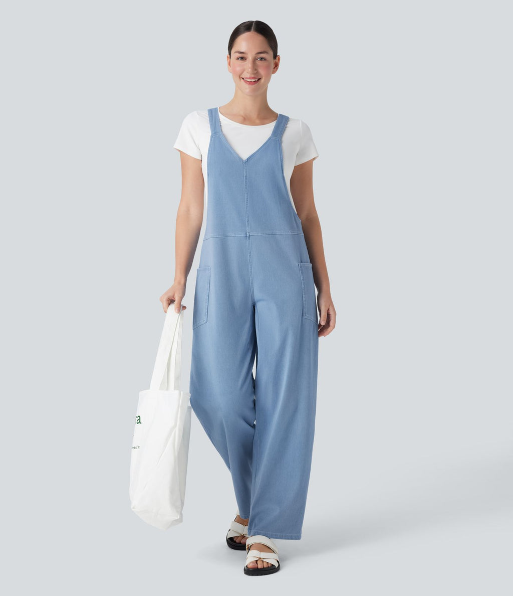 Salopette décontractée Halara Flex™ en denim extensible délavé, col V et poches latérales