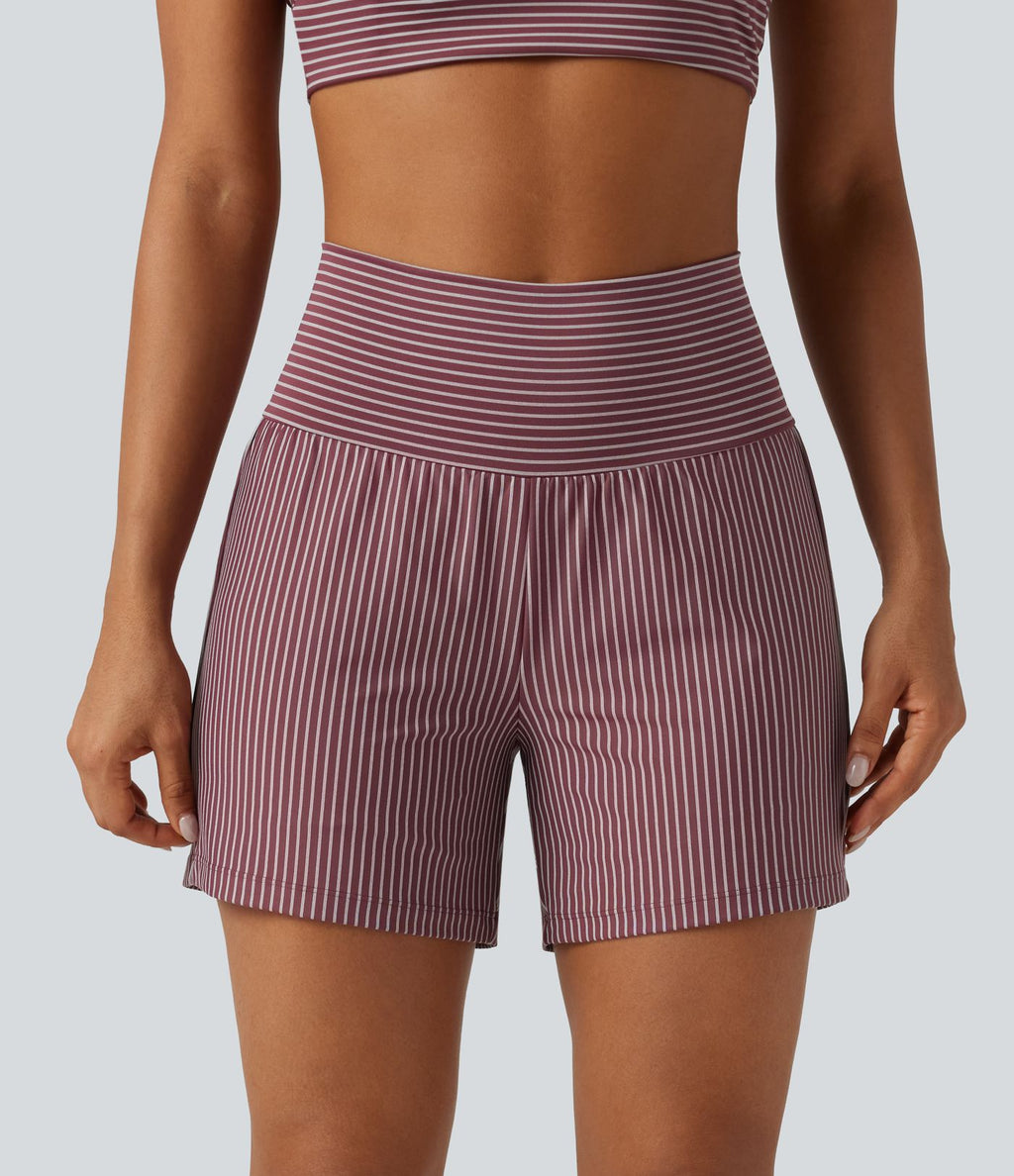 Short de yoga 2-en-1 à rayures, taille très haute, 12,5 cm, à poches