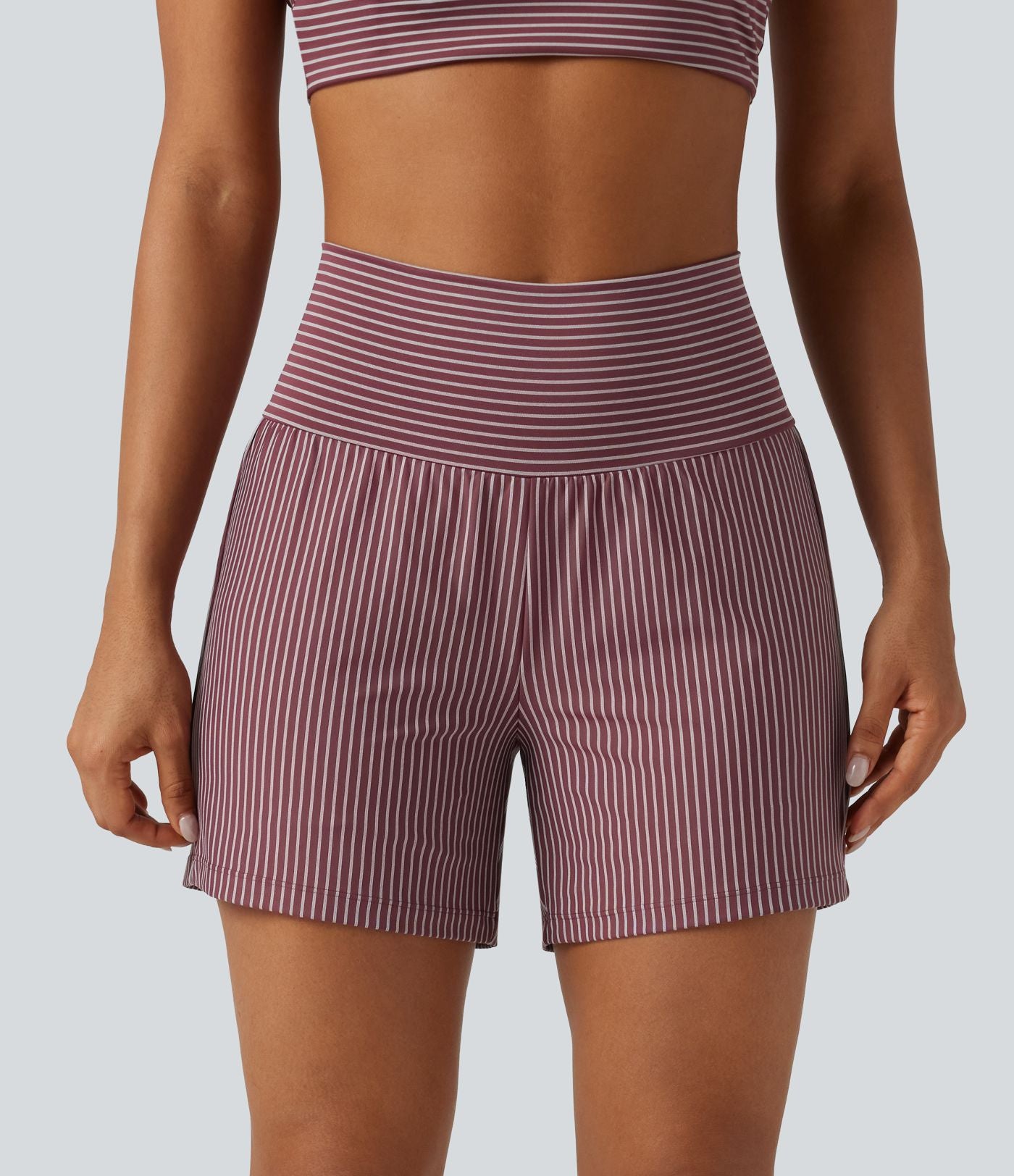 Short de yoga 2-en-1 à rayures, taille très haute, 12,5 cm, à poches