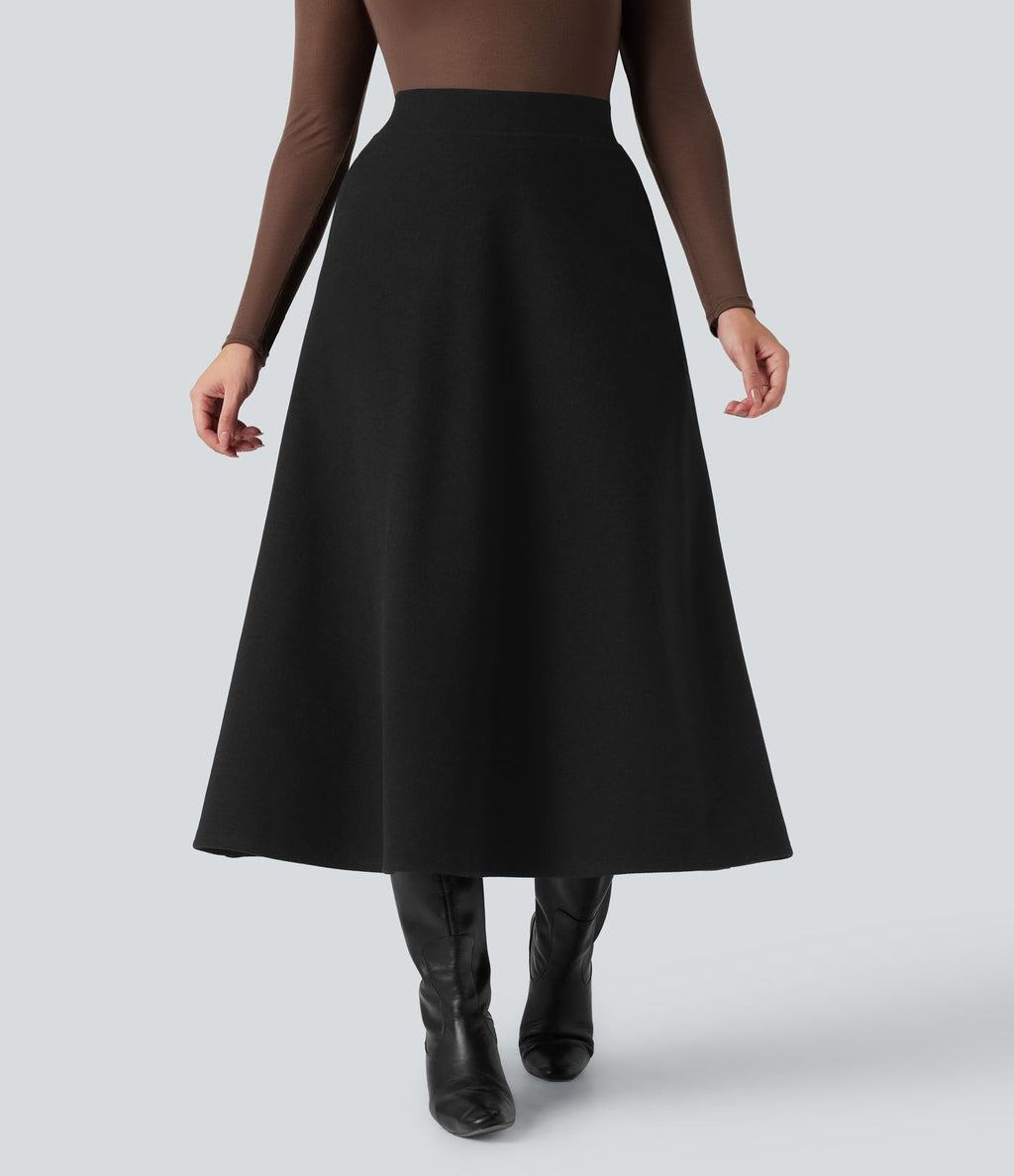 Jupe mi-longue évasée polaire taille haute avec poches