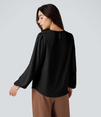 Blouse tailleur décontractée col rond dos keyhole manches bouffantes ourlet arrondi