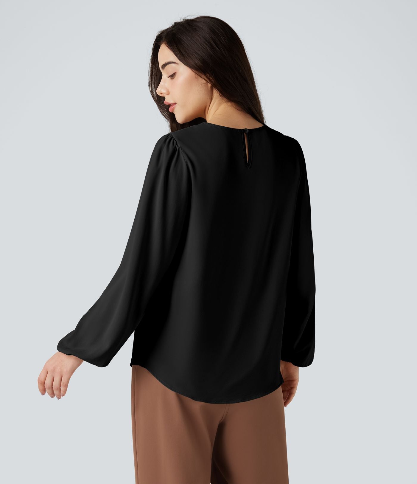 Blouse tailleur décontractée col rond dos keyhole manches bouffantes ourlet arrondi