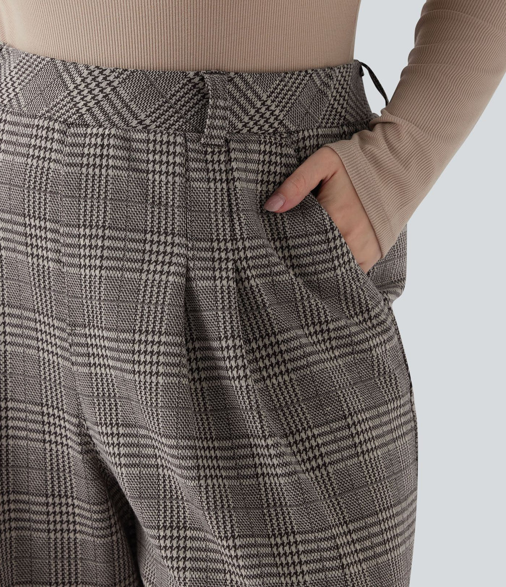 Pantalon décontracté grande taille large taille haute à carreaux pied-de-poule avec poches