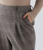 Pantalon décontracté grande taille large taille haute à carreaux pied-de-poule avec poches