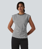 T-shirt casual en maille côtelée rayé col rond à manches courtes