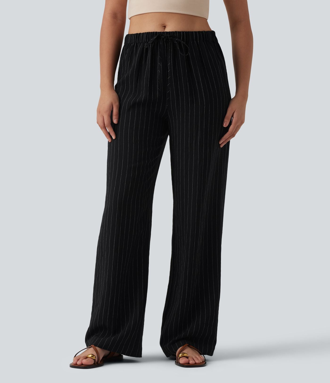 Pantalon large fluide décontracté en lin mélangé à rayures taille mi-haute avec cordon de serrage et poches