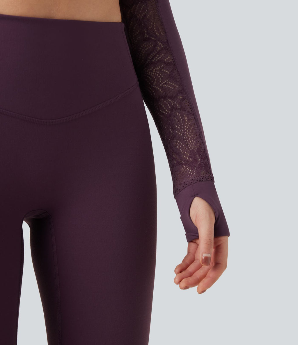 Veste de yoga SoftlyZero™ dentelle contrastante double zip à trous pouces - UPF50+