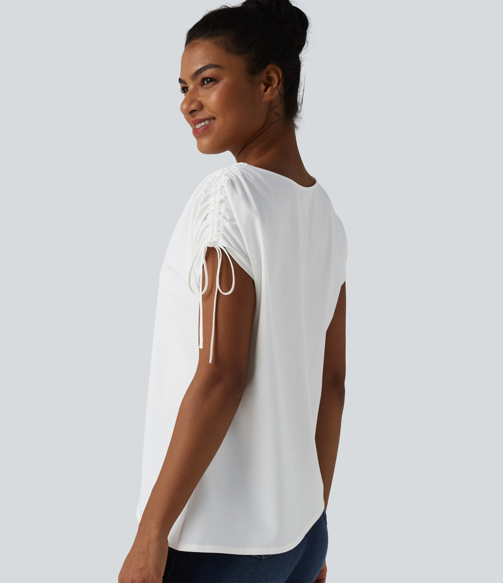 T-shirt tailleur en mousseline infroissable col bateau avec cordon de serrage et ourlet asymétrique