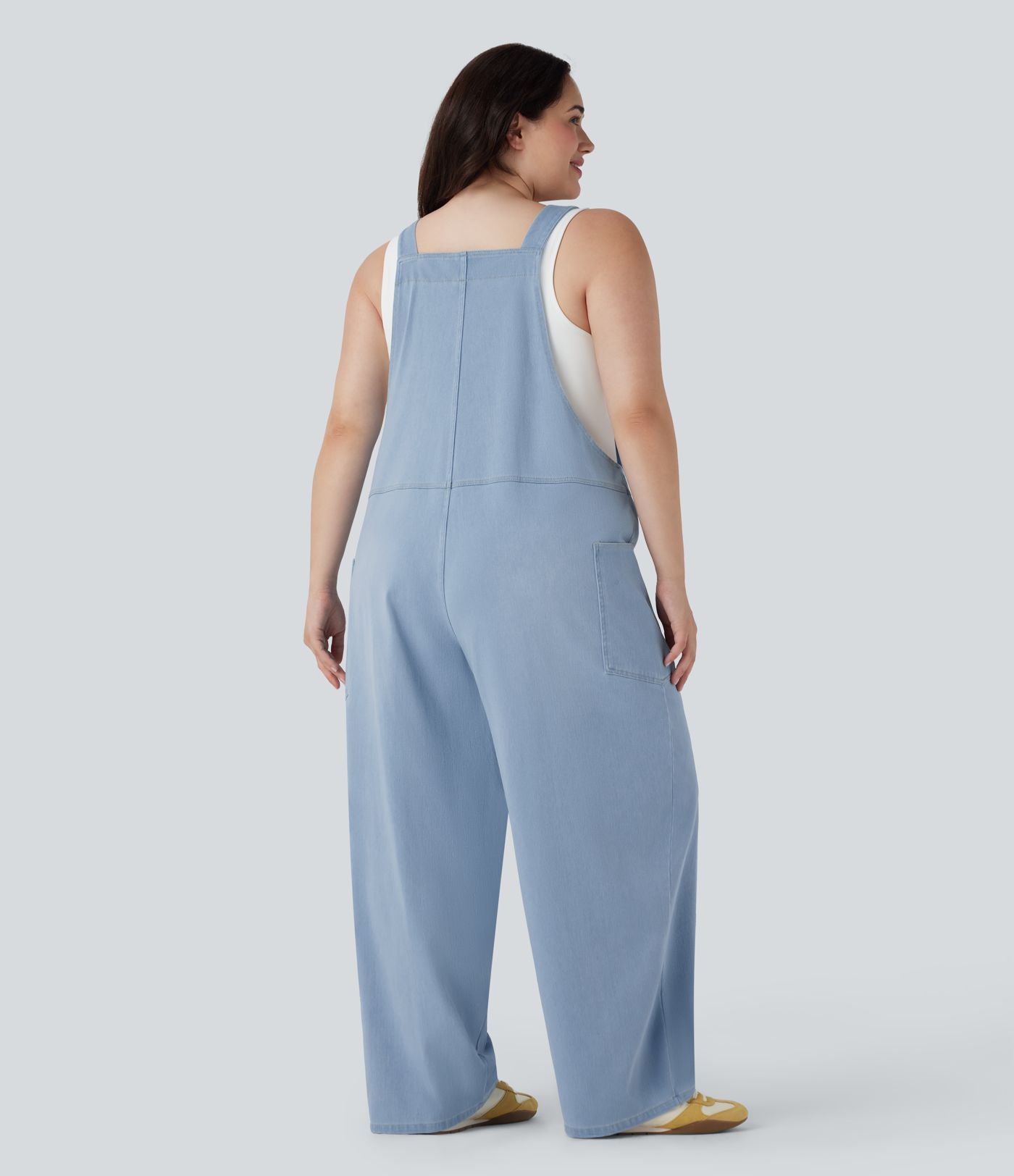 Salopette décontractée Halara Flex™ grande taille en maille denim extensible délavée col V avec poches