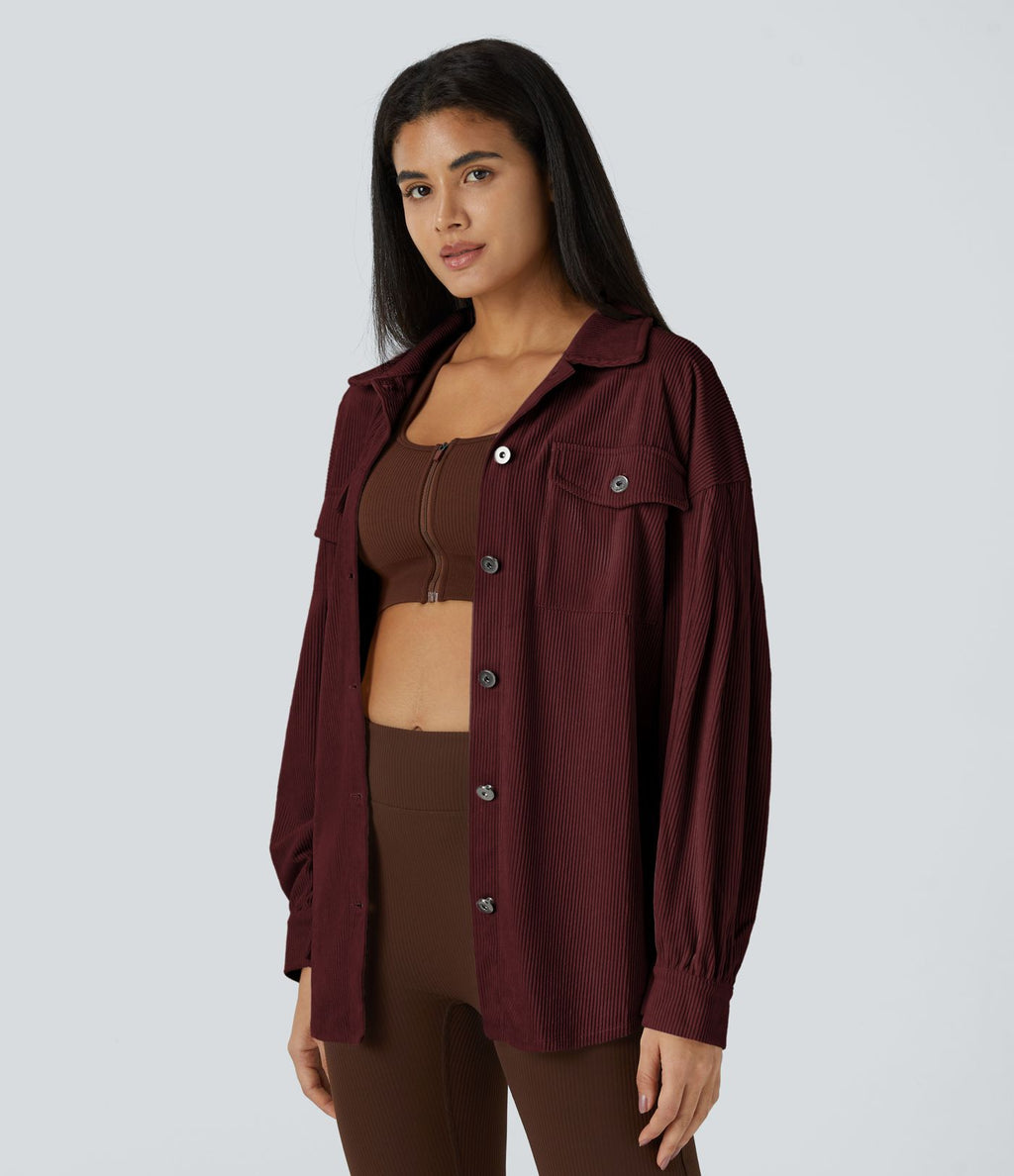 Veste Casual en Velours Côtelé à Col Boutonné Poches et Manches Longues Ourlet Courbé