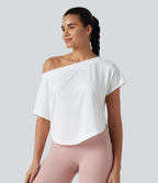 Haut de sport yoga asymétrique à une épaule manches courtes ourlet arrondi asymétrique séchage rapide