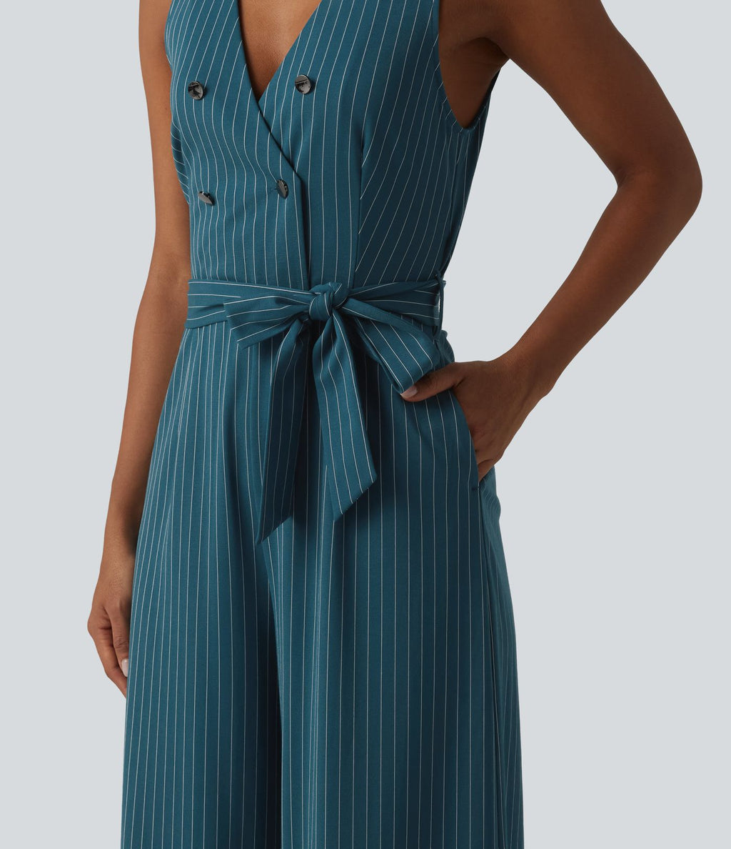 Combinaison tailleur sans manches à col V, ceinturée, avec zip invisible, rayures et effet frais avec poches, accès facile Easy Peasy