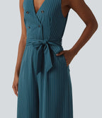 Combinaison tailleur sans manches à col V, ceinturée, avec zip invisible, rayures et effet frais avec poches, accès facile Easy Peasy