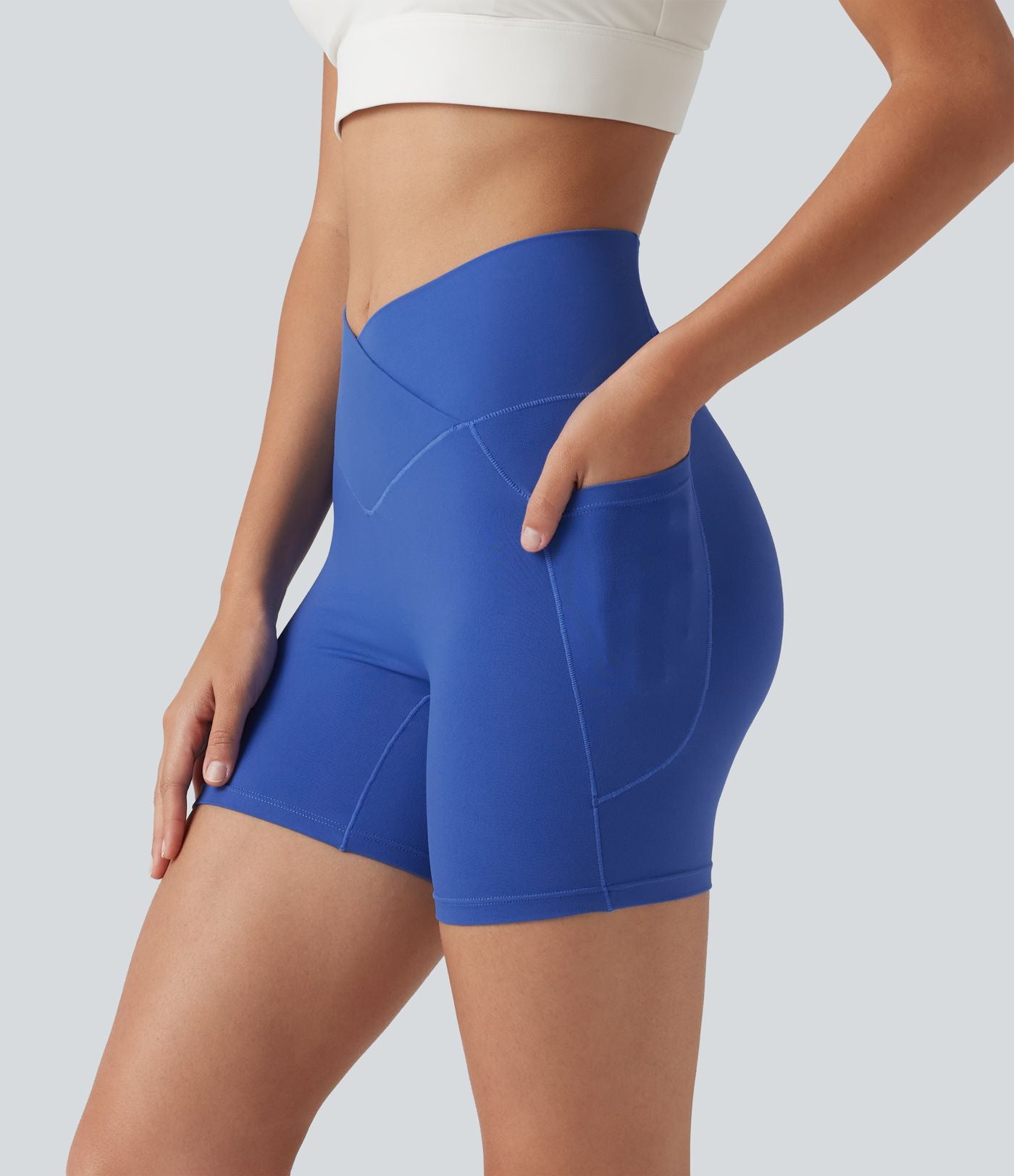 Short cycliste de yoga SoftlyZero™ 13 cm taille haute croisée avec poches et protection solaire UPF50+