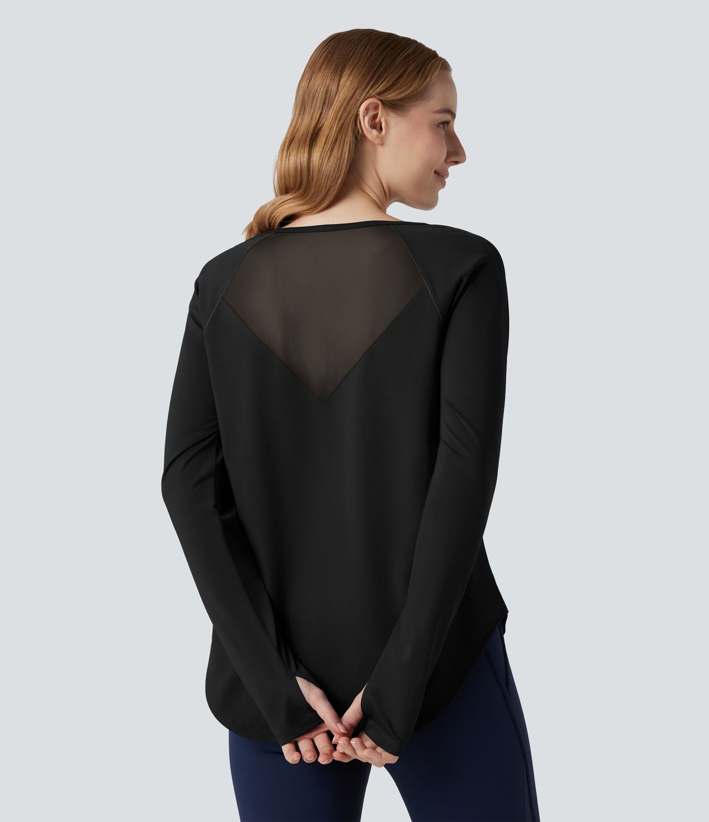 Top de sport col rond mesh contrastant manches longues avec trous pouces