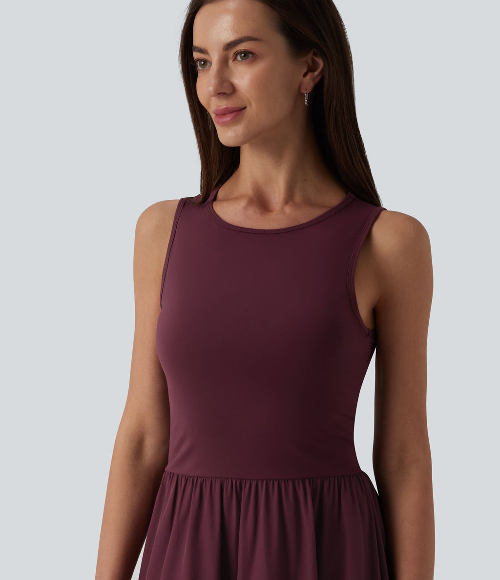 Robe mi-longue décontractée col rond sans manches découpes
