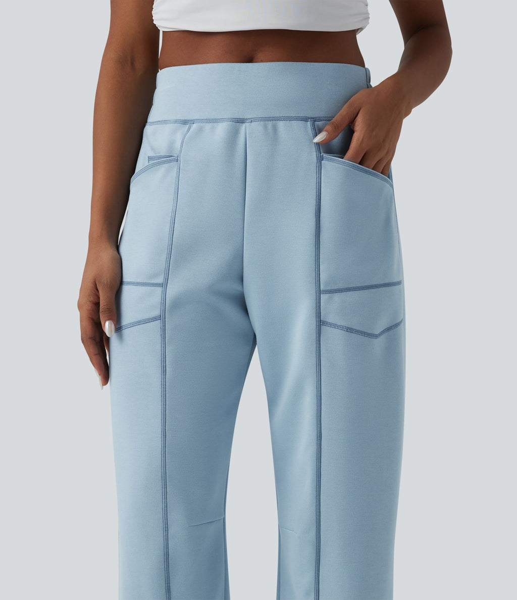 Jogging casual taille haute coupe barrel color block surpiqûres avec poches