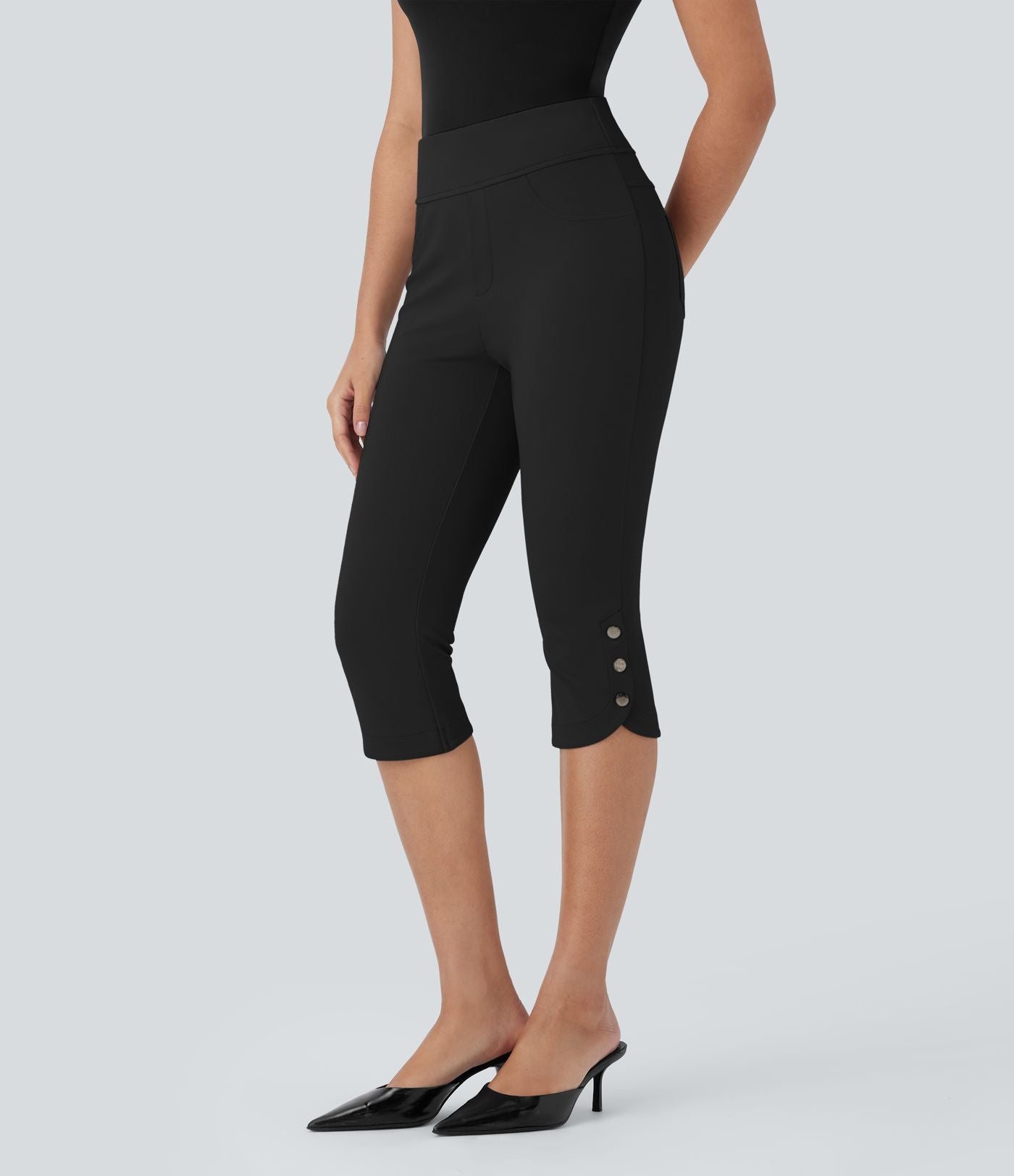 Pantalon Corsaire de Costume Taille Haute avec Poches Arrière et Boutons Pression