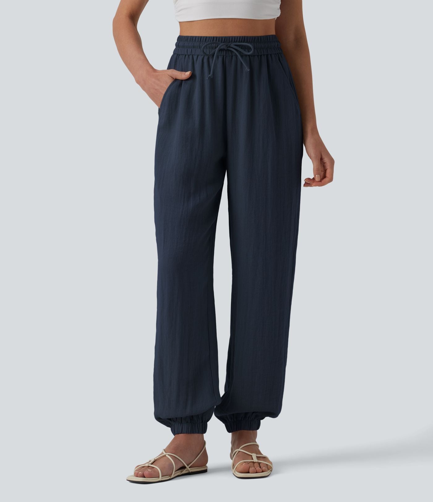 Jogging casual large ample taille haute aspect lin à cordon de serrage avec poches